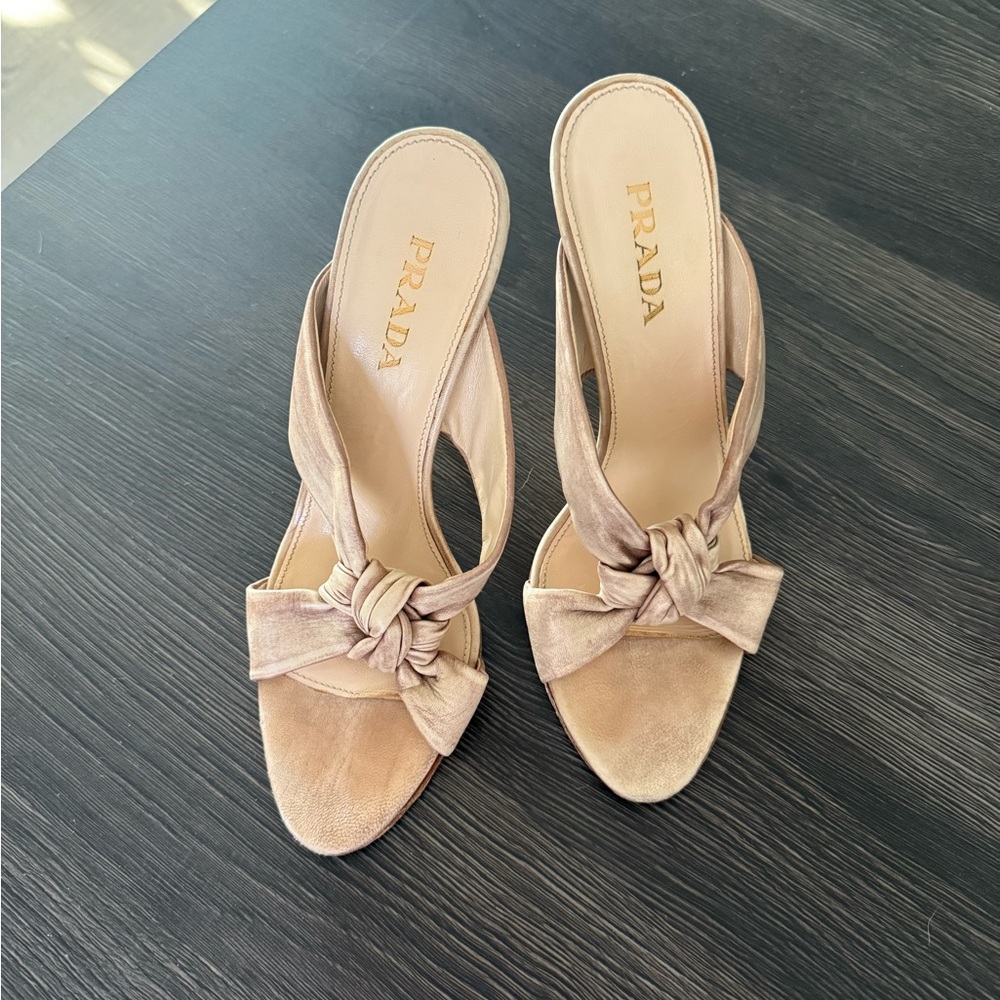 Prada Tan Heels with Bow Detail
